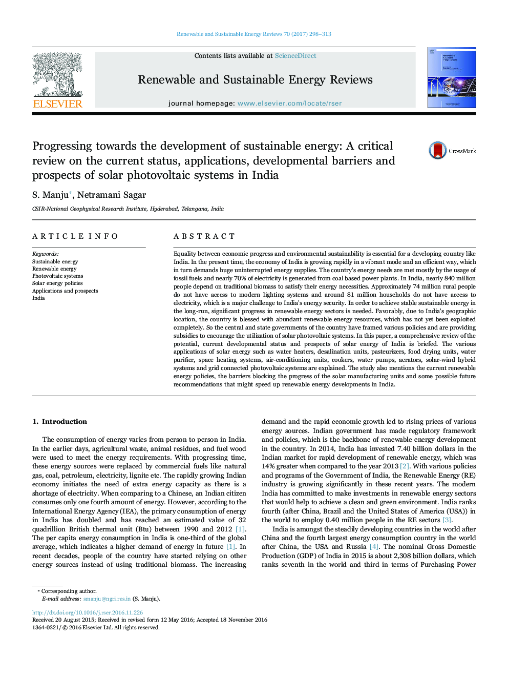 Progressing towards the development of sustainable energy: A critical review on the current status, applications, developmental barriers and prospects of solar photovoltaic systems in India