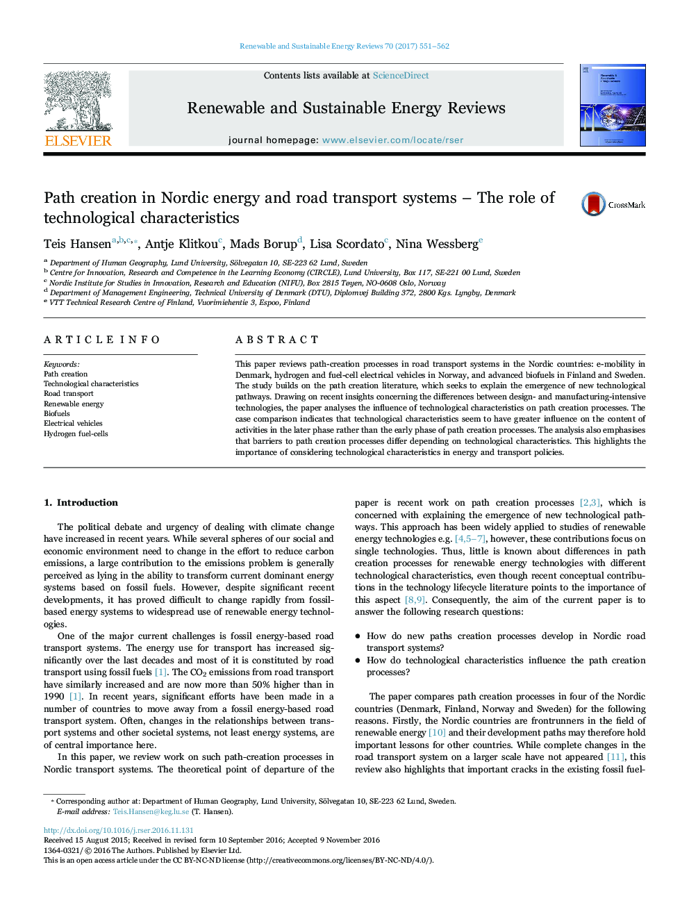 Path creation in Nordic energy and road transport systems - The role of technological characteristics