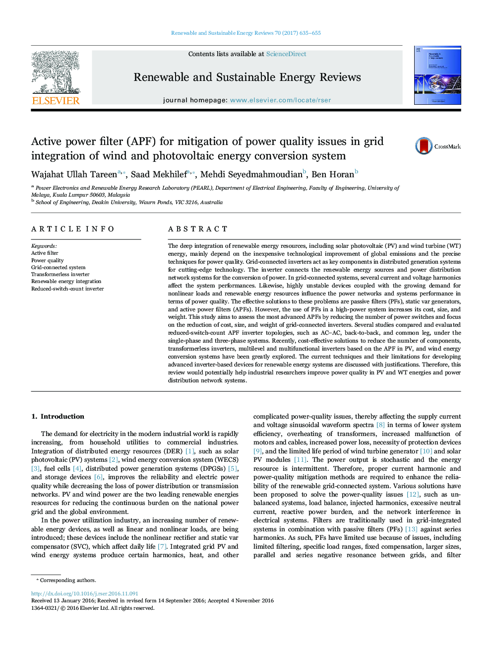 Active power filter (APF) for mitigation of power quality issues in grid integration of wind and photovoltaic energy conversion system