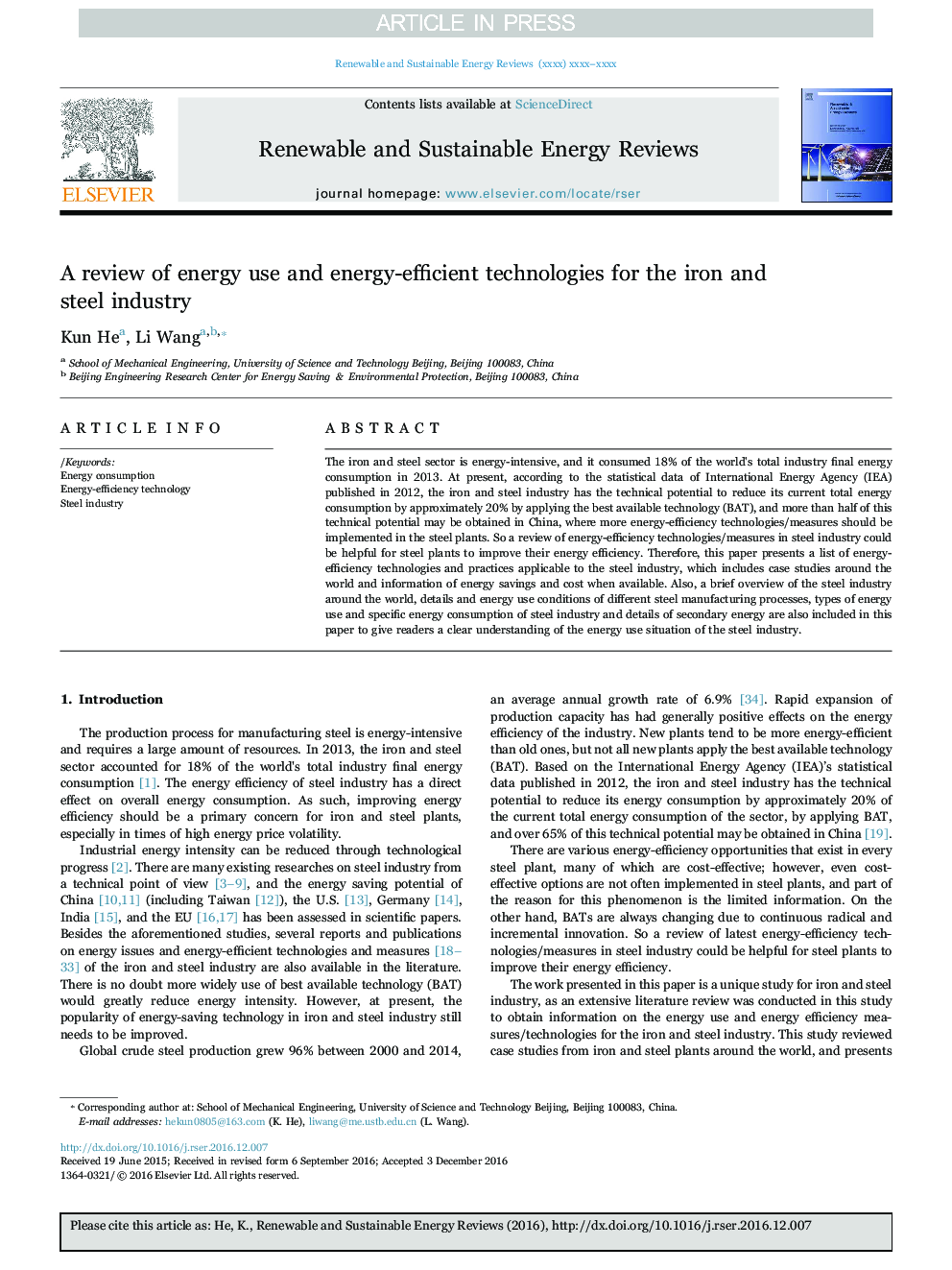A review of energy use and energy-efficient technologies for the iron and steel industry