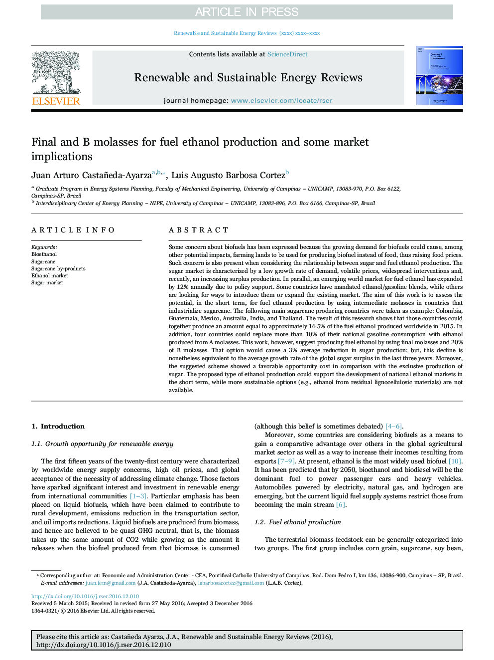 Final and B molasses for fuel ethanol production and some market implications