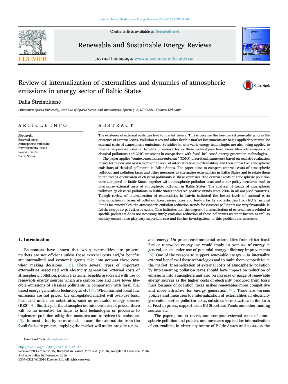 Review of internalization of externalities and dynamics of atmospheric emissions in energy sector of Baltic States