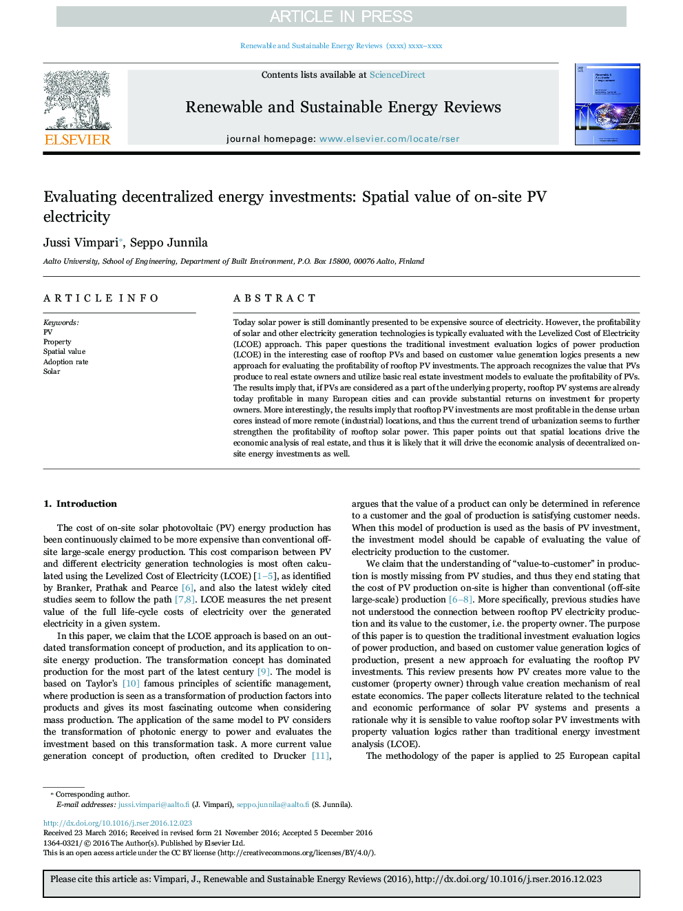 Evaluating decentralized energy investments: Spatial value of on-site PV electricity