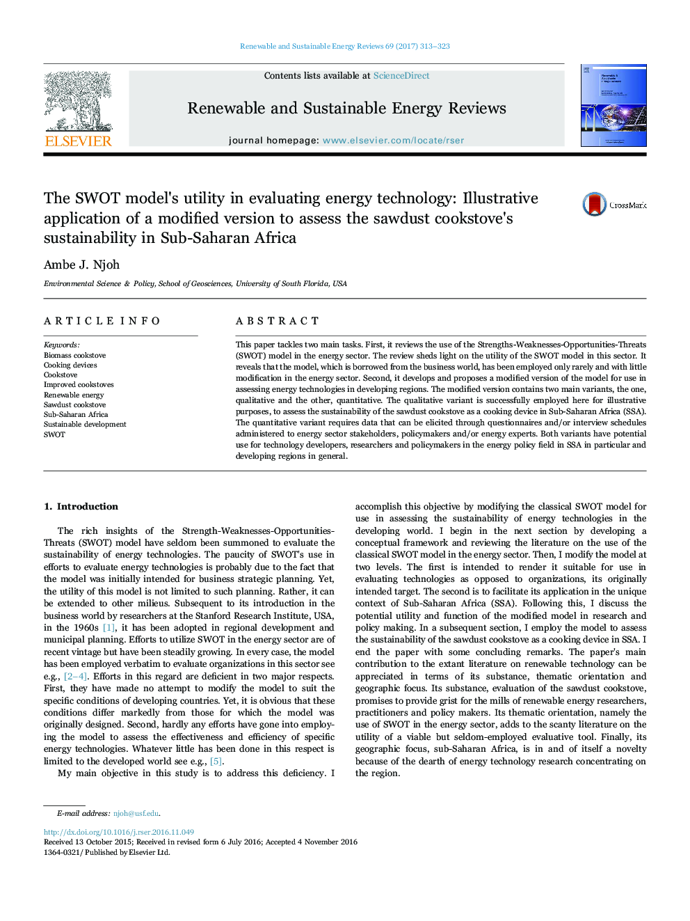 The SWOT model's utility in evaluating energy technology: Illustrative application of a modified version to assess the sawdust cookstove's sustainability in Sub-Saharan Africa