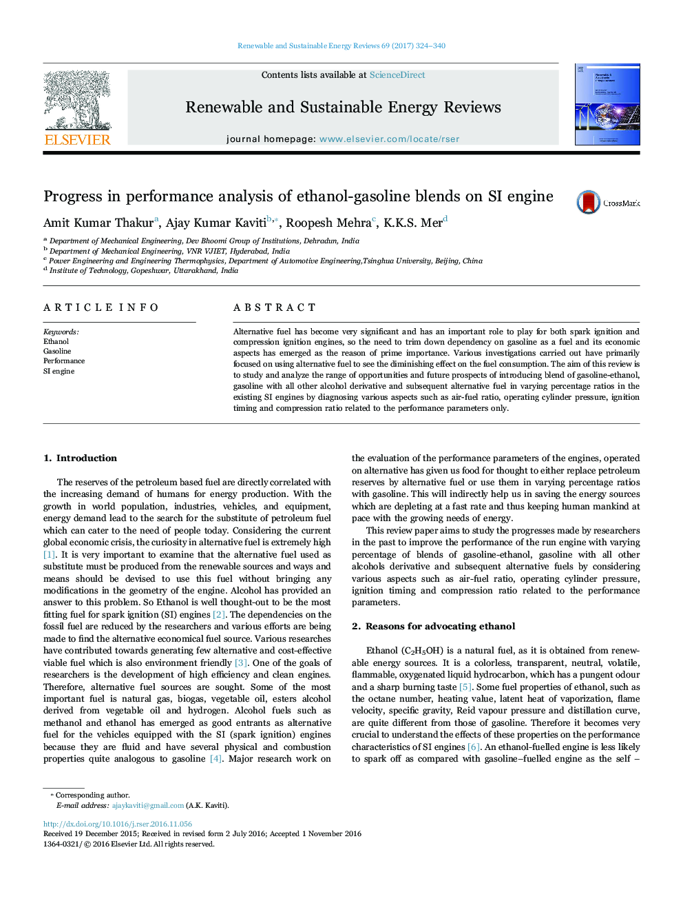 Progress in performance analysis of ethanol-gasoline blends on SI engine