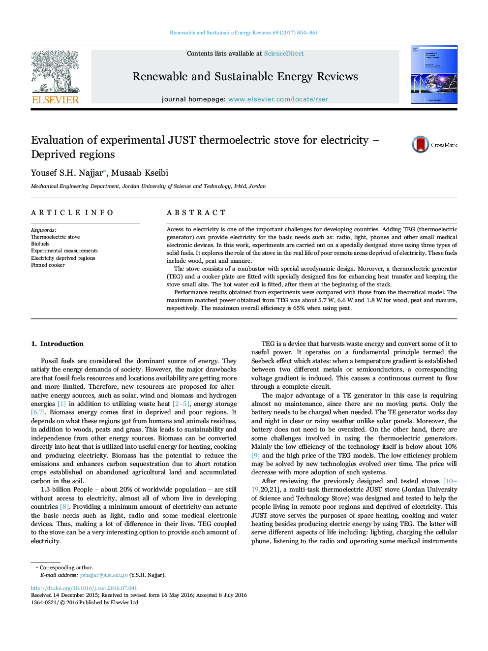 Evaluation of experimental JUST thermoelectric stove for electricity - Deprived regions