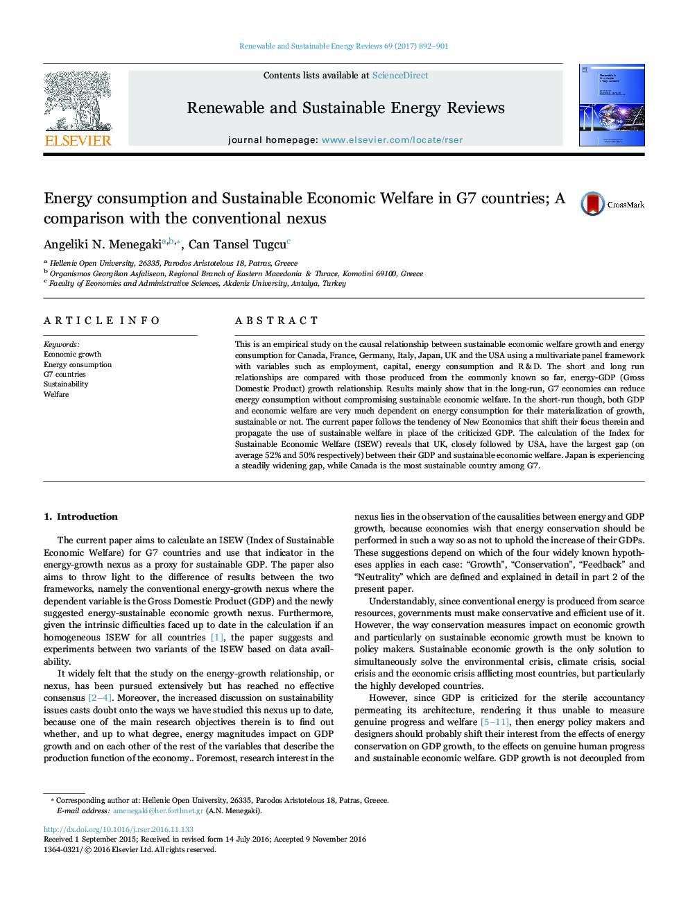 Energy consumption and Sustainable Economic Welfare in G7 countries; A comparison with the conventional nexus