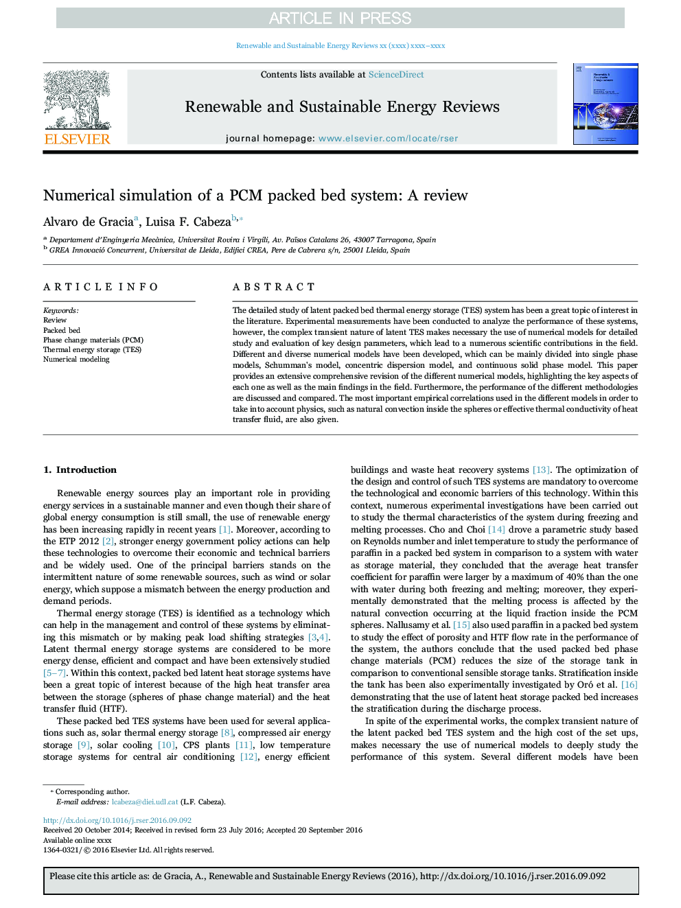 Numerical simulation of a PCM packed bed system: A review