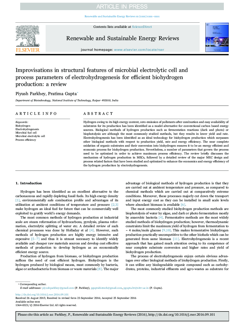 Improvisations in structural features of microbial electrolytic cell and process parameters of electrohydrogenesis for efficient biohydrogen production: a review