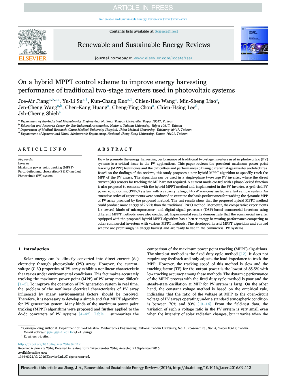 On a hybrid MPPT control scheme to improve energy harvesting performance of traditional two-stage inverters used in photovoltaic systems