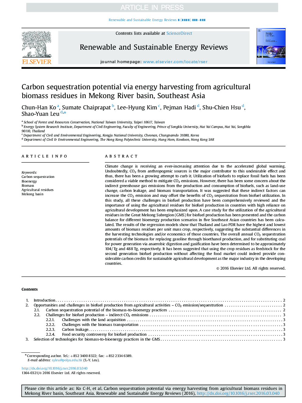 Carbon sequestration potential via energy harvesting from agricultural biomass residues in Mekong River basin, Southeast Asia