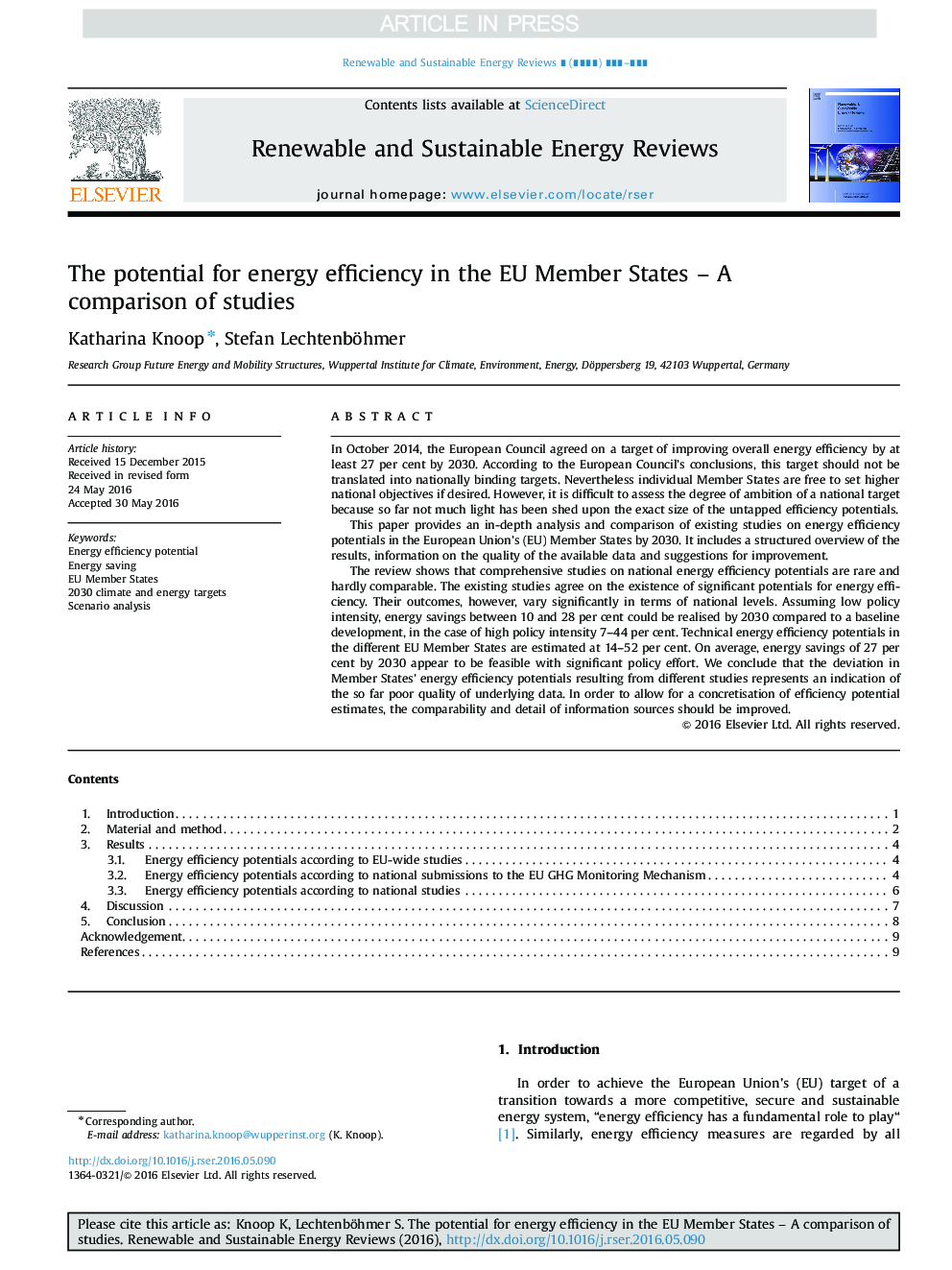 The potential for energy efficiency in the EU Member States - A comparison of studies