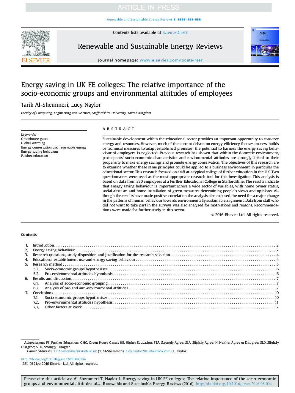 Energy saving in UK FE colleges: The relative importance of the socio-economic groups and environmental attitudes of employees