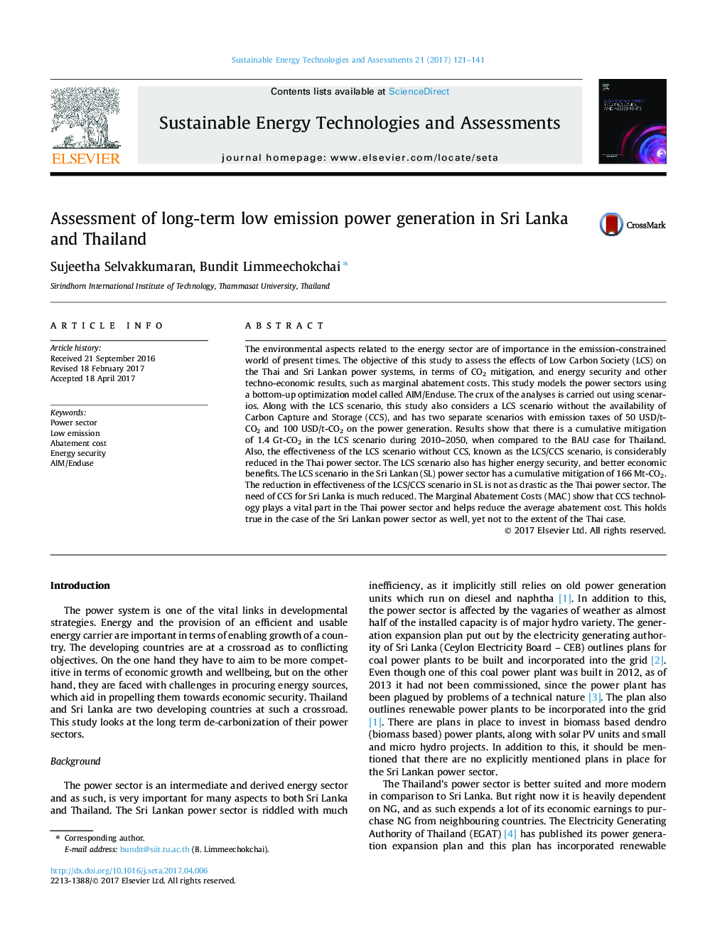 Assessment of long-term low emission power generation in Sri Lanka and Thailand