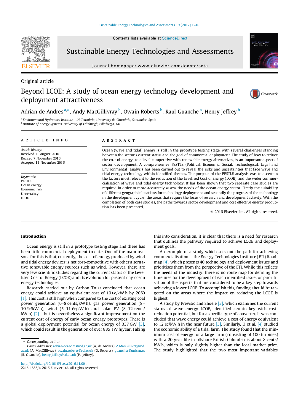 Beyond LCOE: A study of ocean energy technology development and deployment attractiveness