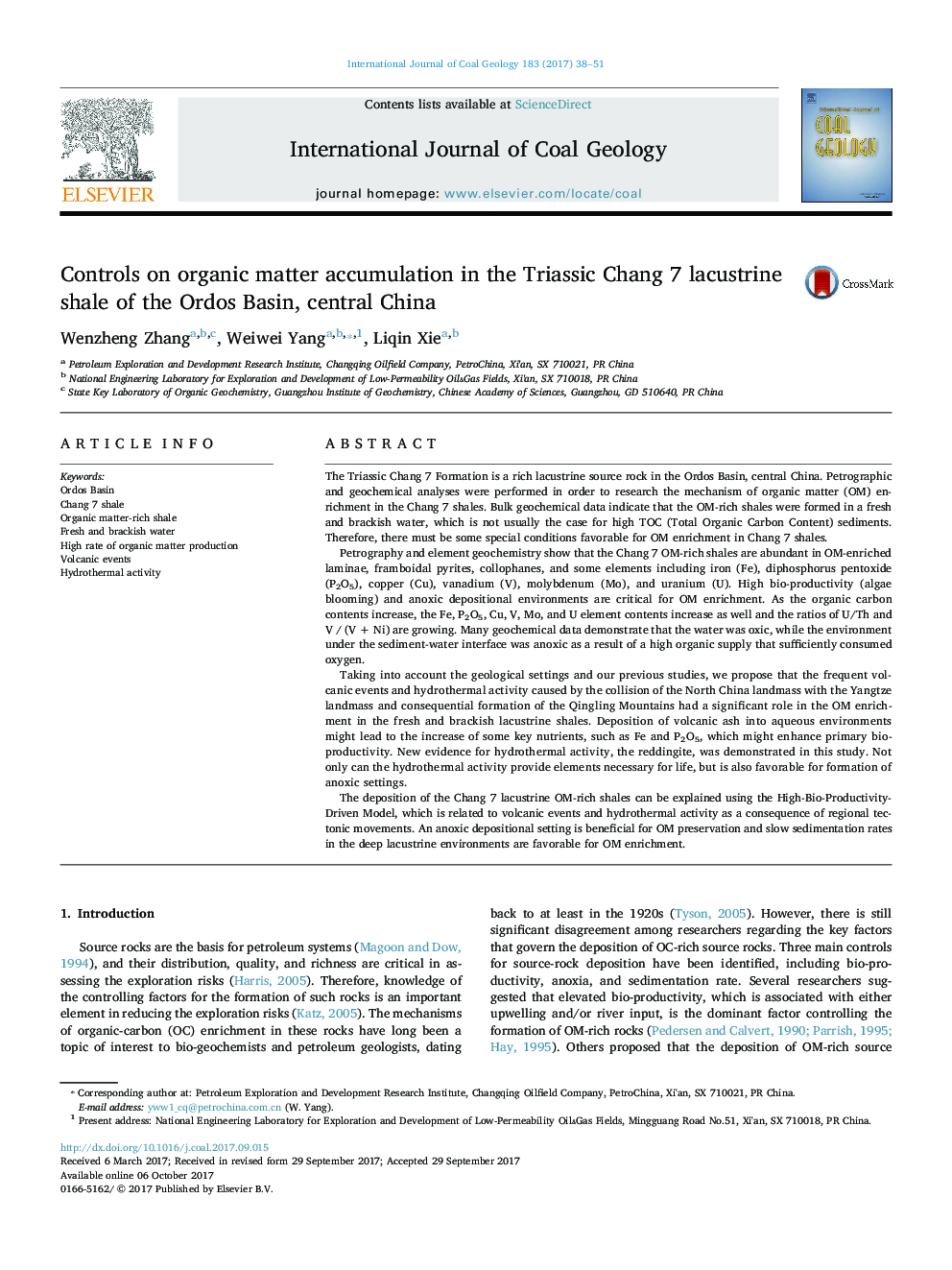 Controls on organic matter accumulation in the Triassic Chang 7 lacustrine shale of the Ordos Basin, central China