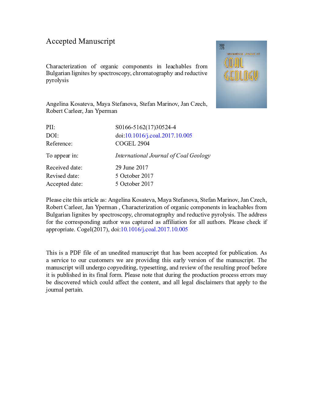 Characterization of organic components in leachables from Bulgarian lignites by spectroscopy, chromatography and reductive pyrolysis