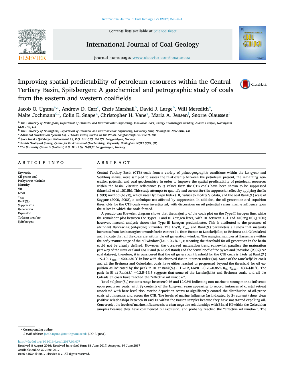 Improving spatial predictability of petroleum resources within the Central Tertiary Basin, Spitsbergen: A geochemical and petrographic study of coals from the eastern and western coalfields