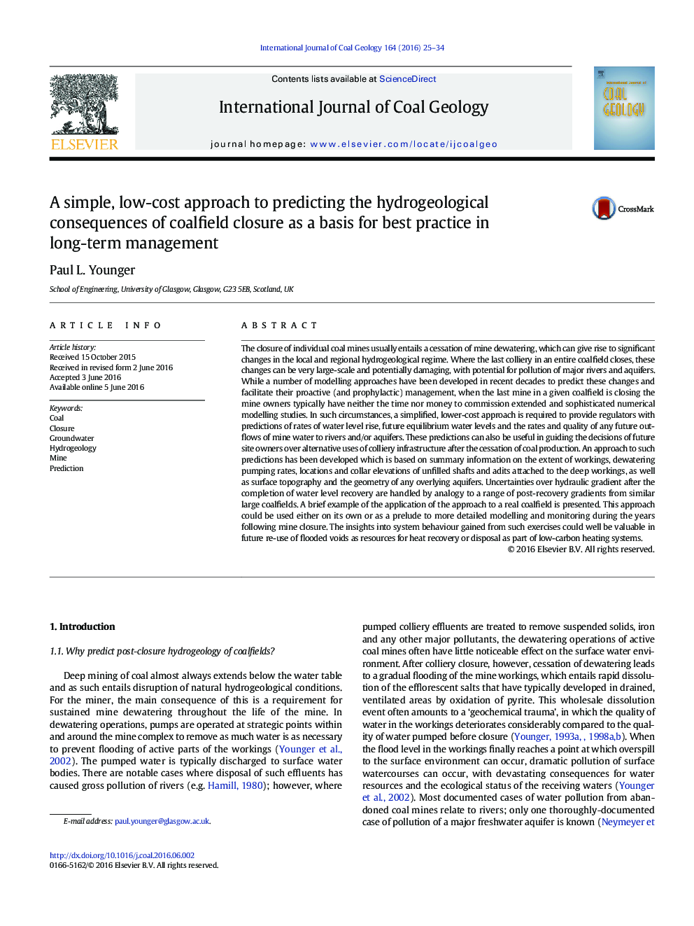 A simple, low-cost approach to predicting the hydrogeological consequences of coalfield closure as a basis for best practice in long-term management