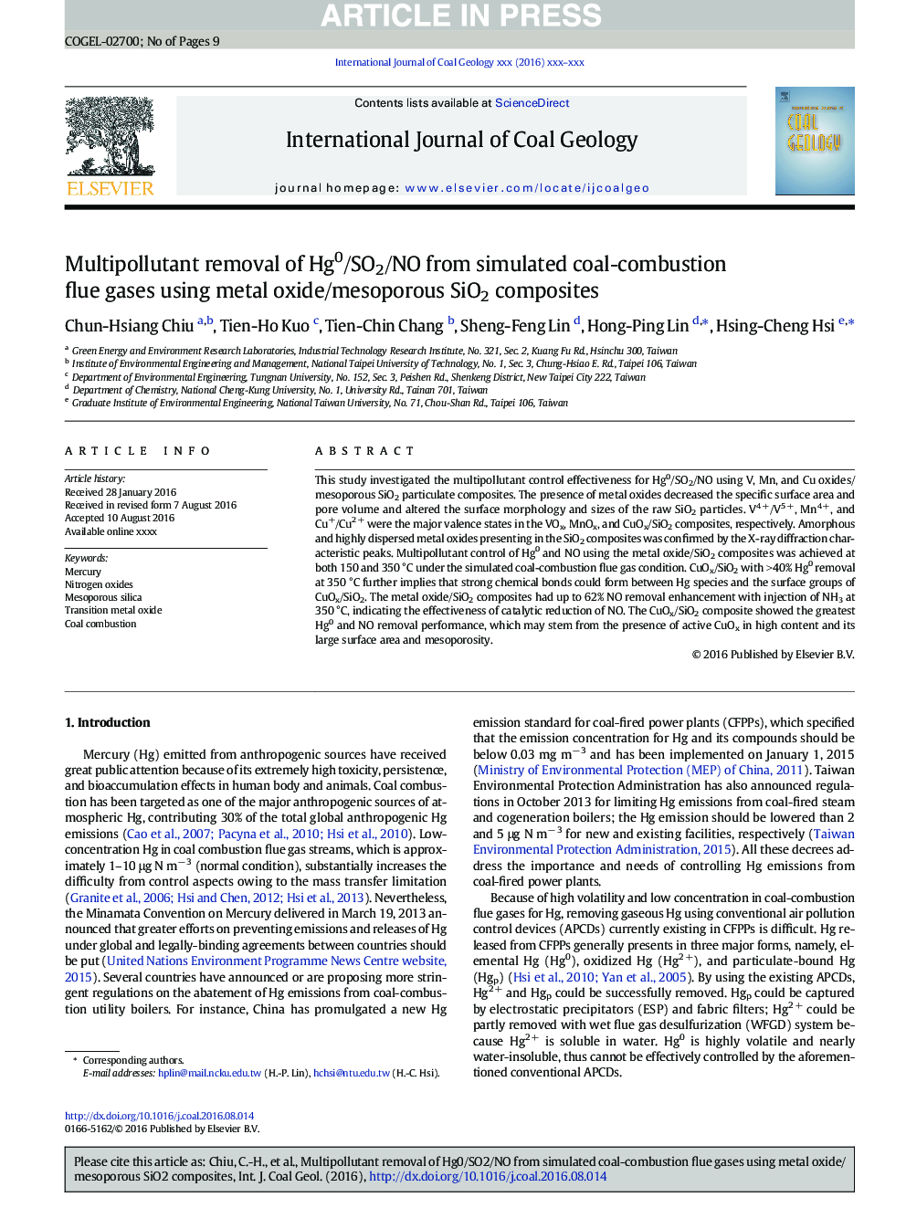 Multipollutant removal of Hg0/SO2/NO from simulated coal-combustion flue gases using metal oxide/mesoporous SiO2 composites