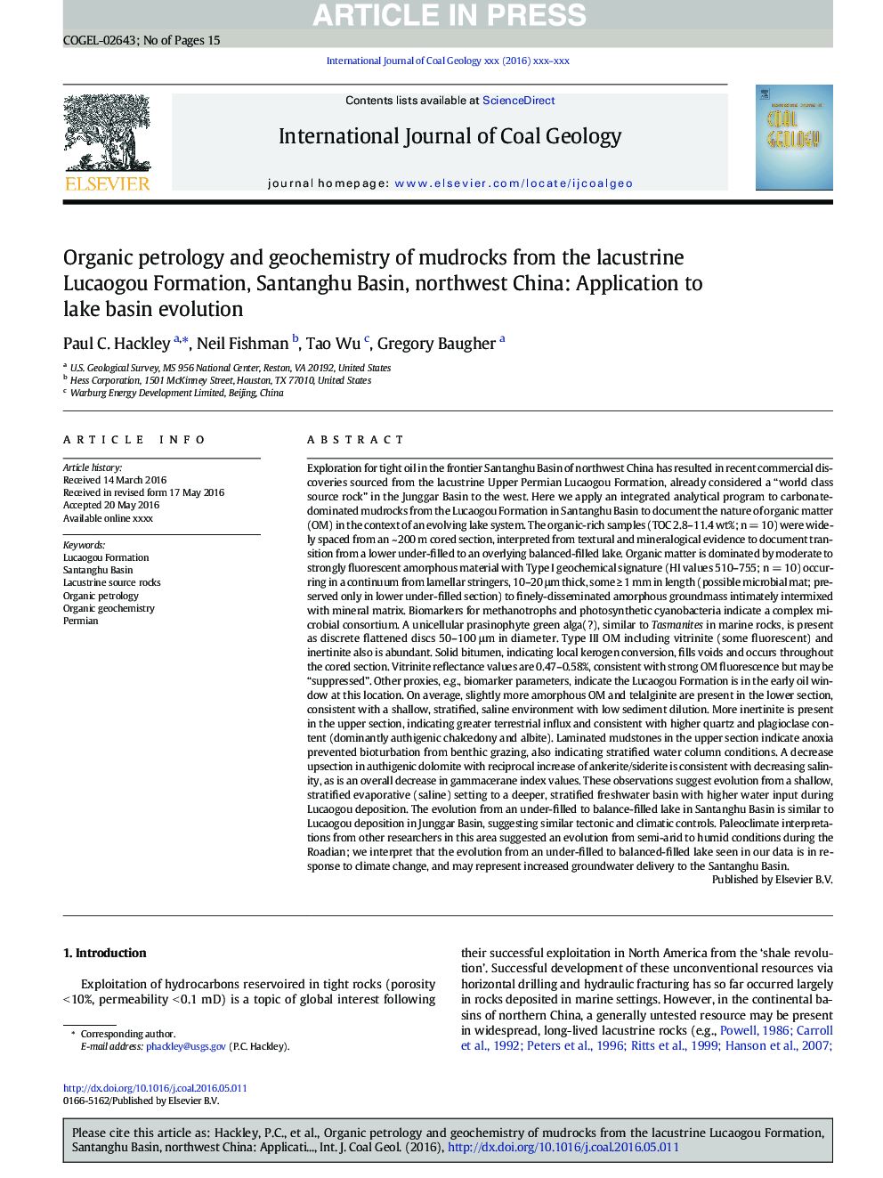 Organic petrology and geochemistry of mudrocks from the lacustrine Lucaogou Formation, Santanghu Basin, northwest China: Application to lake basin evolution