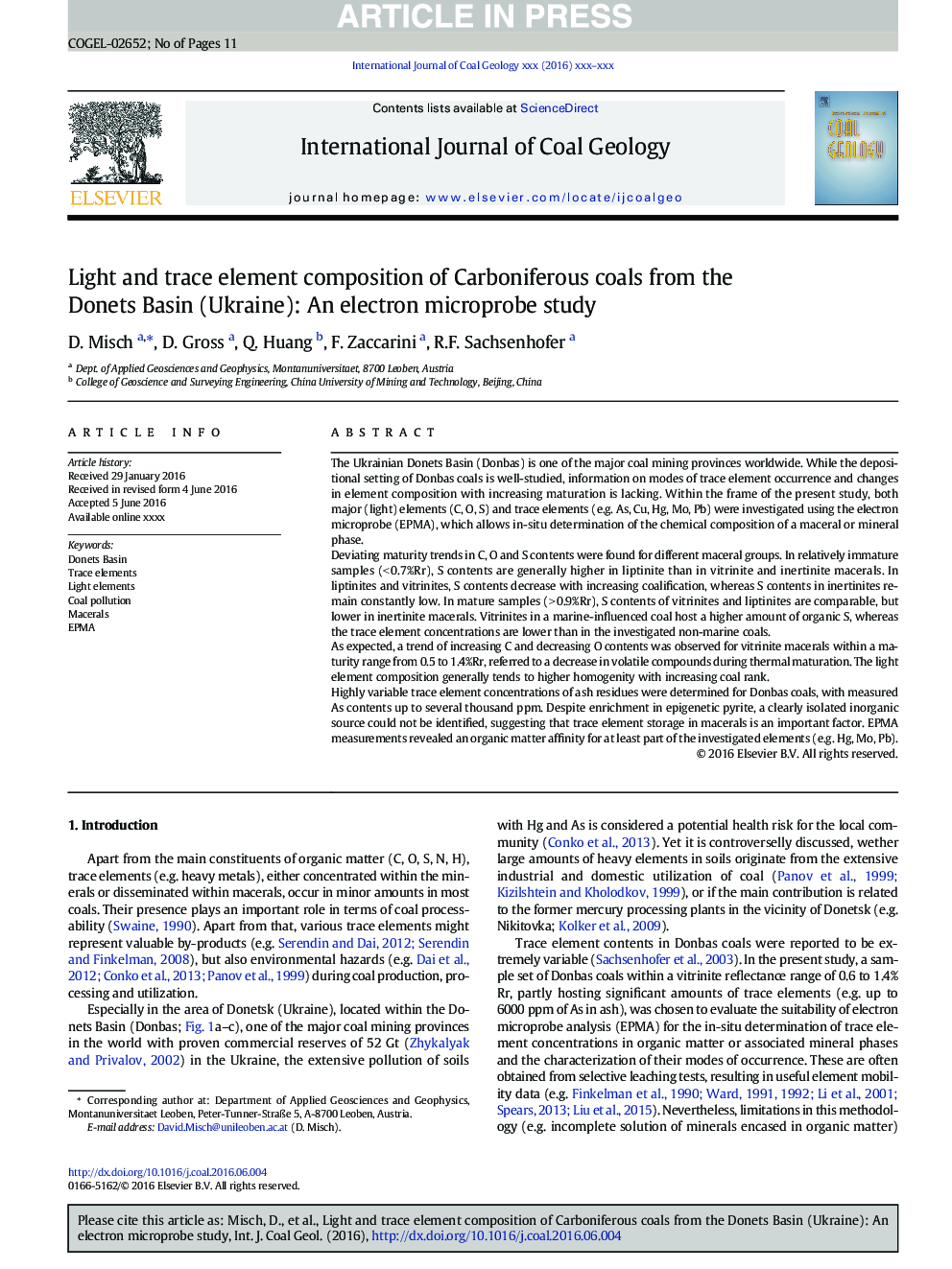 Light and trace element composition of Carboniferous coals from the Donets Basin (Ukraine): An electron microprobe study