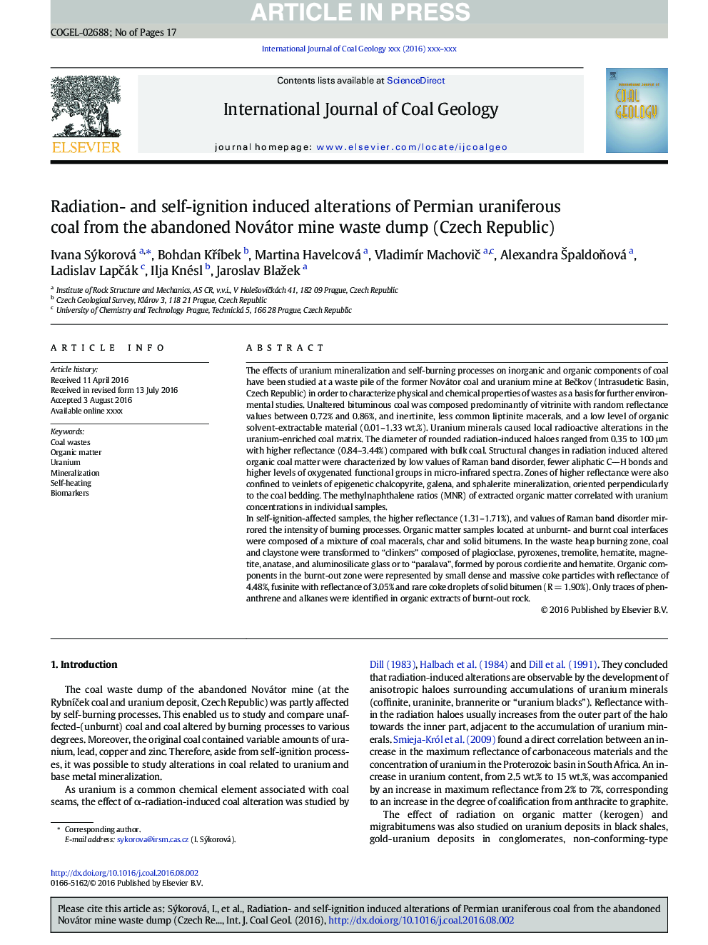 Radiation- and self-ignition induced alterations of Permian uraniferous coal from the abandoned Novátor mine waste dump (Czech Republic)