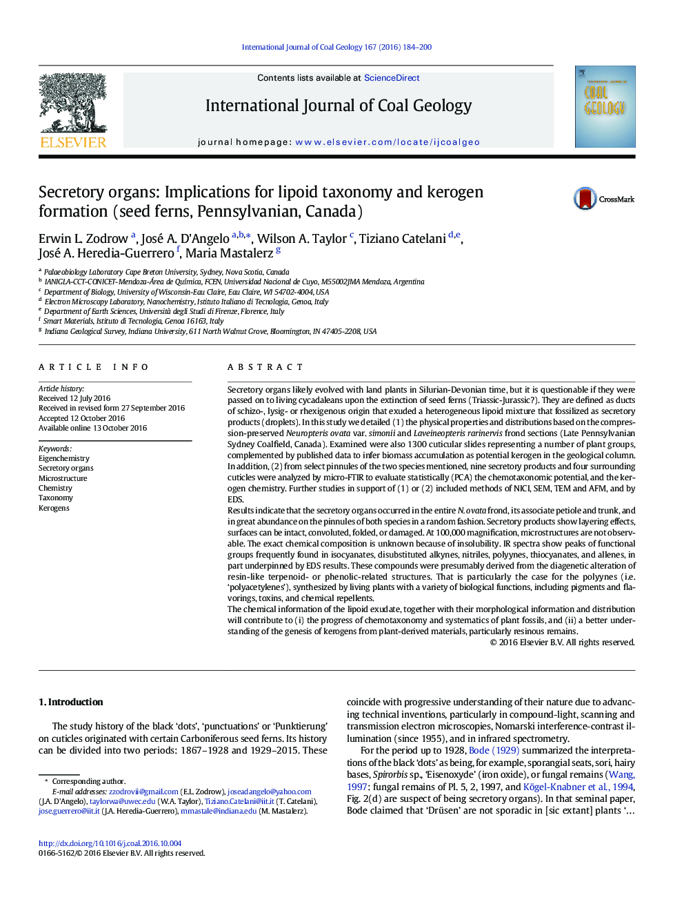 Secretory organs: Implications for lipoid taxonomy and kerogen formation (seed ferns, Pennsylvanian, Canada)