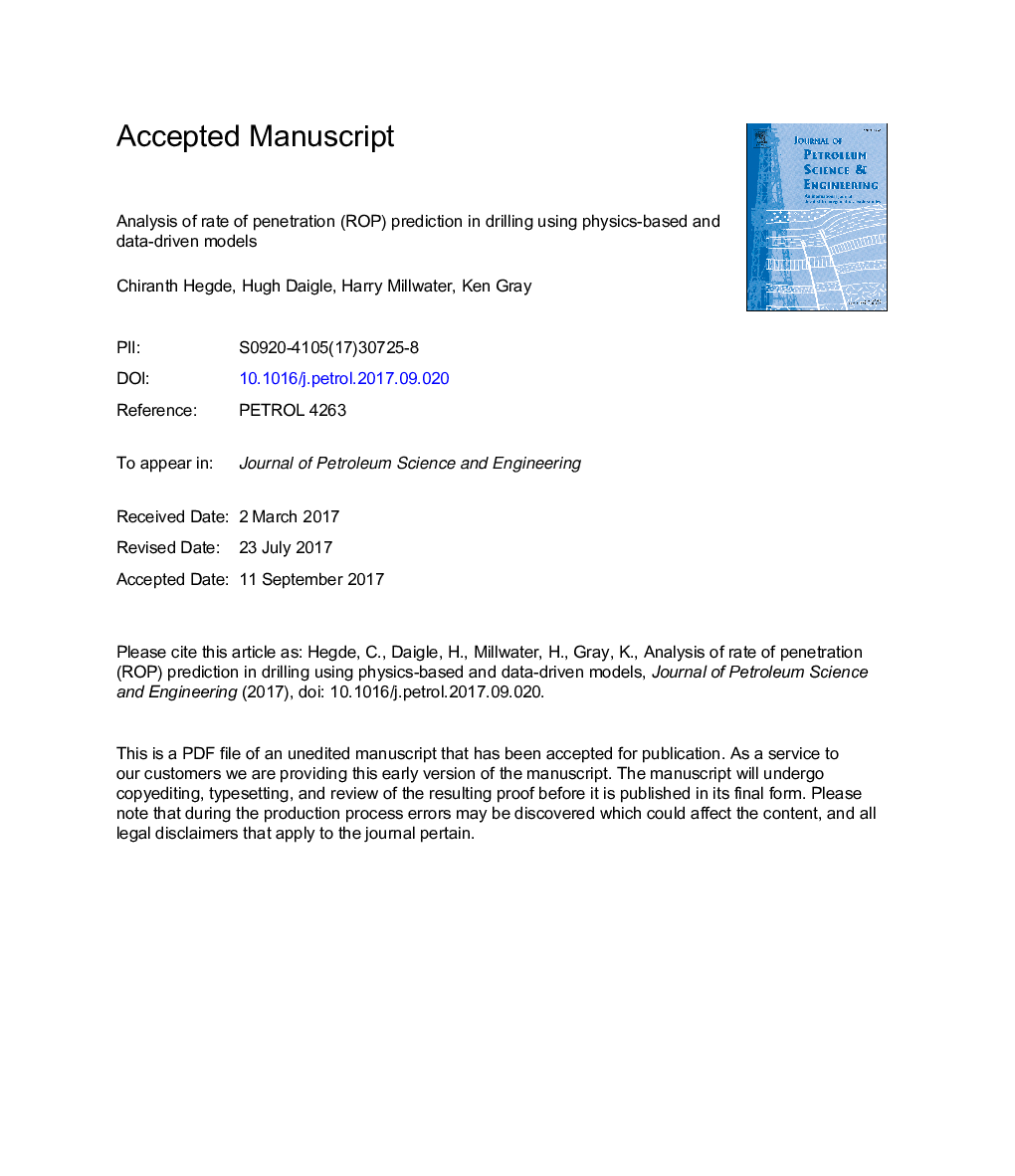 Analysis of rate of penetration (ROP) prediction in drilling using physics-based and data-driven models