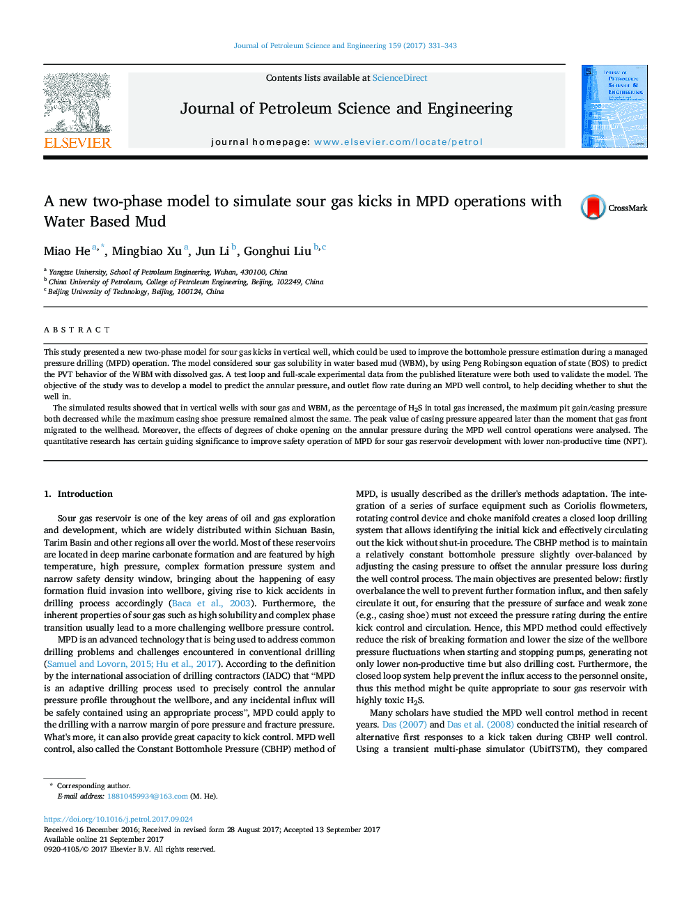 A new two-phase model to simulate sour gas kicks in MPD operations with Water Based Mud