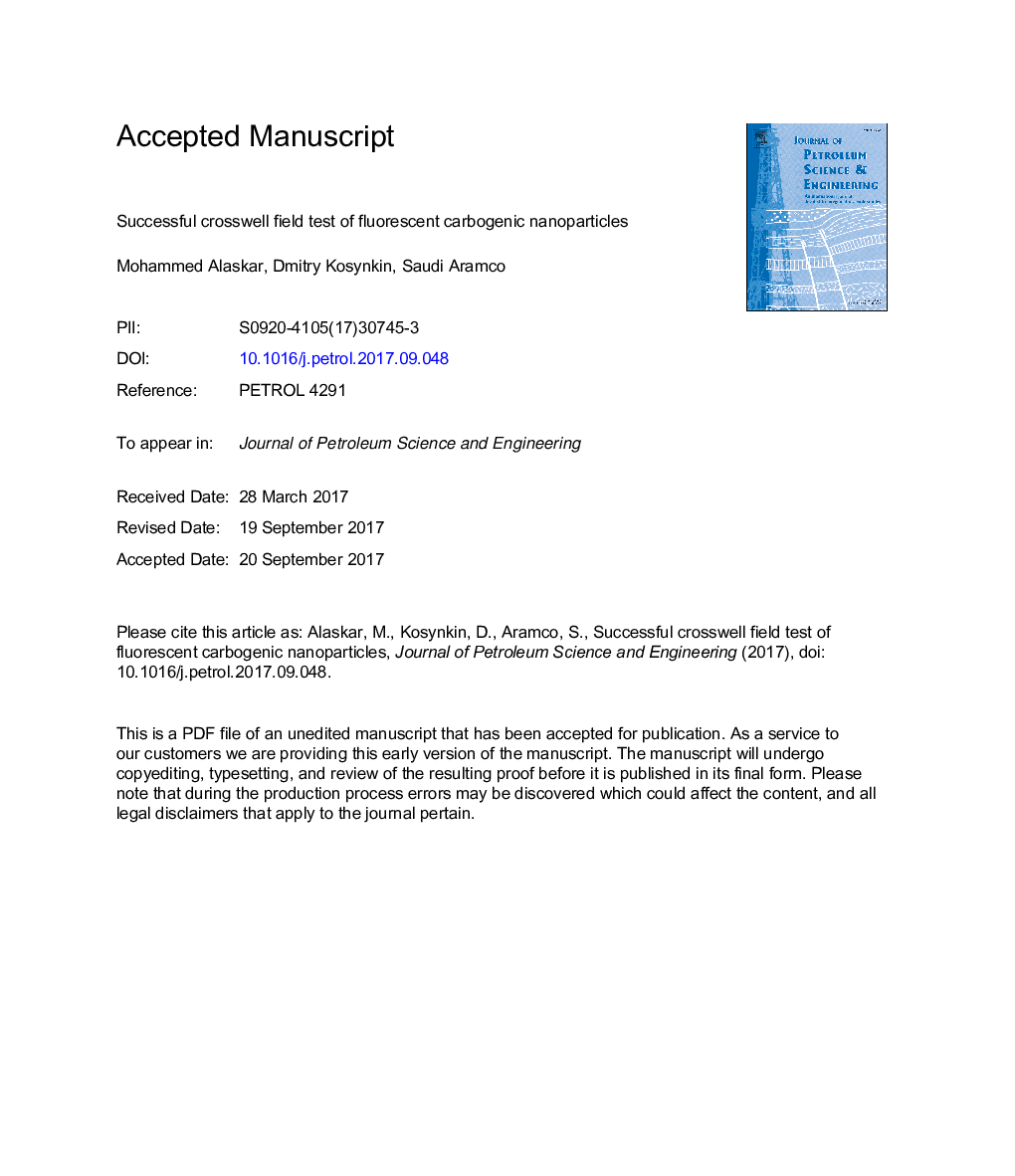 Successful crosswell field test of fluorescent carbogenic nanoparticles