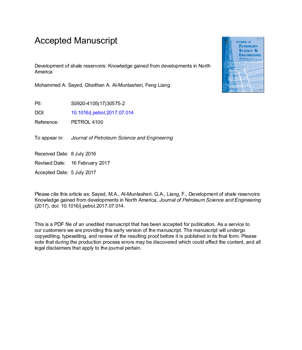 Development of shale reservoirs: Knowledge gained from developments in North America