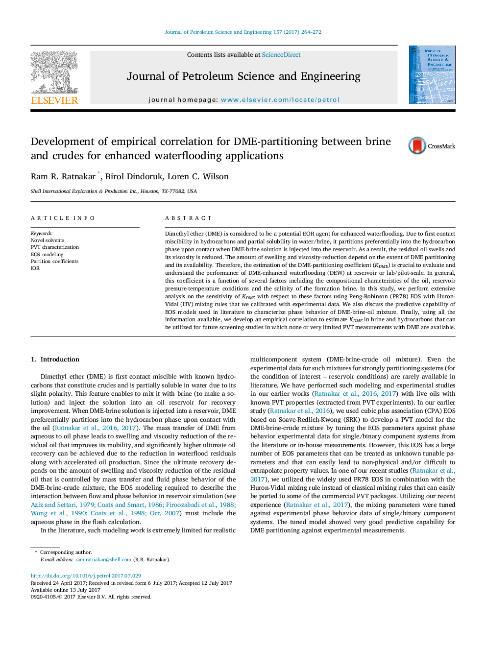 Development of empirical correlation for DME-partitioning between brine and crudes for enhanced waterflooding applications