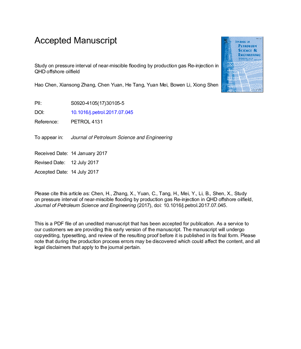 Study on pressure interval of near-miscible flooding by production gas Re-injection in QHD offshore oilfield