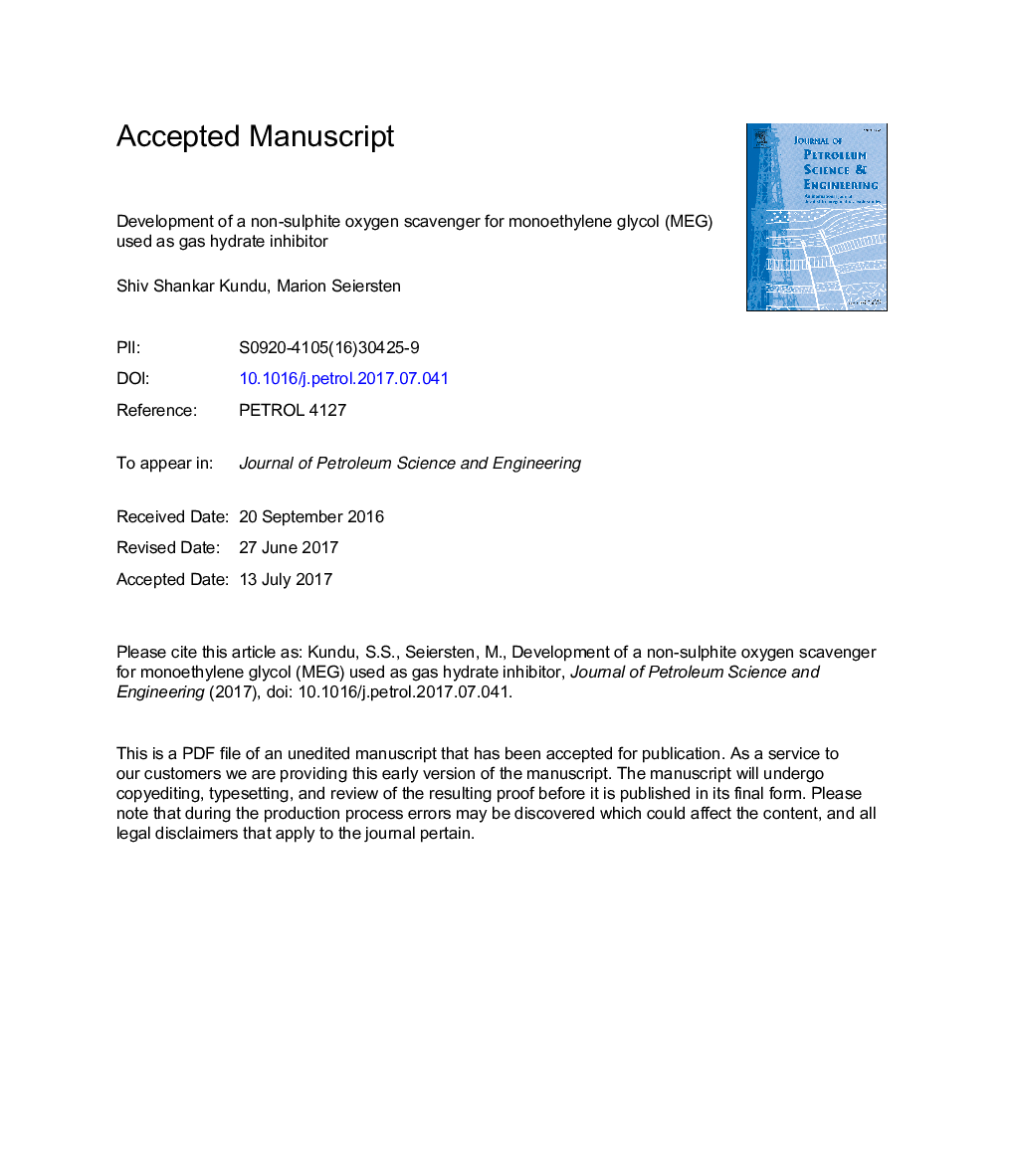 Development of a non-sulphite oxygen scavenger for monoethylene glycol (MEG) used as gas hydrate inhibitor