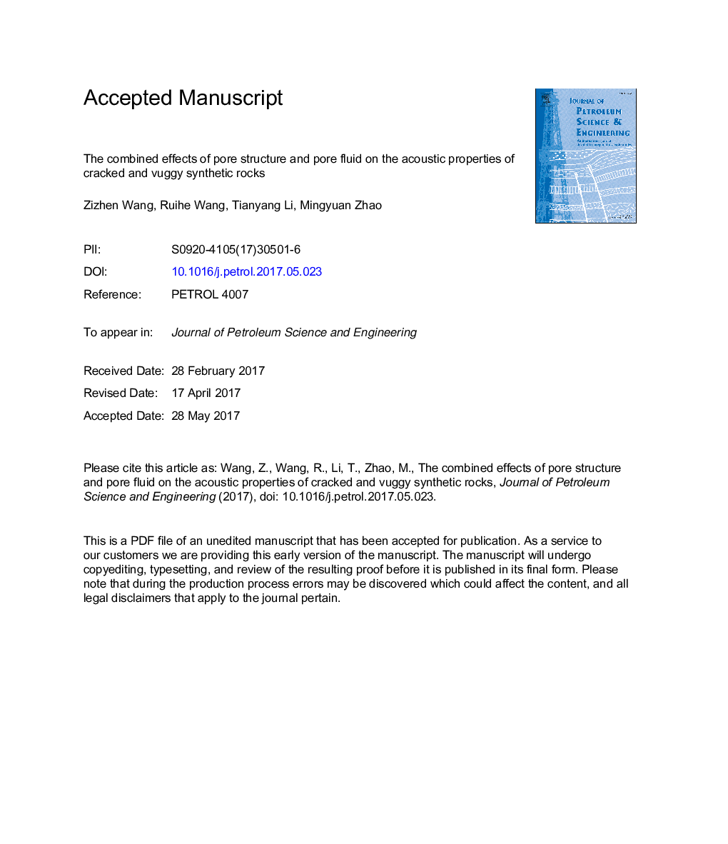 The combined effects of pore structure and pore fluid on the acoustic properties of cracked and vuggy synthetic rocks