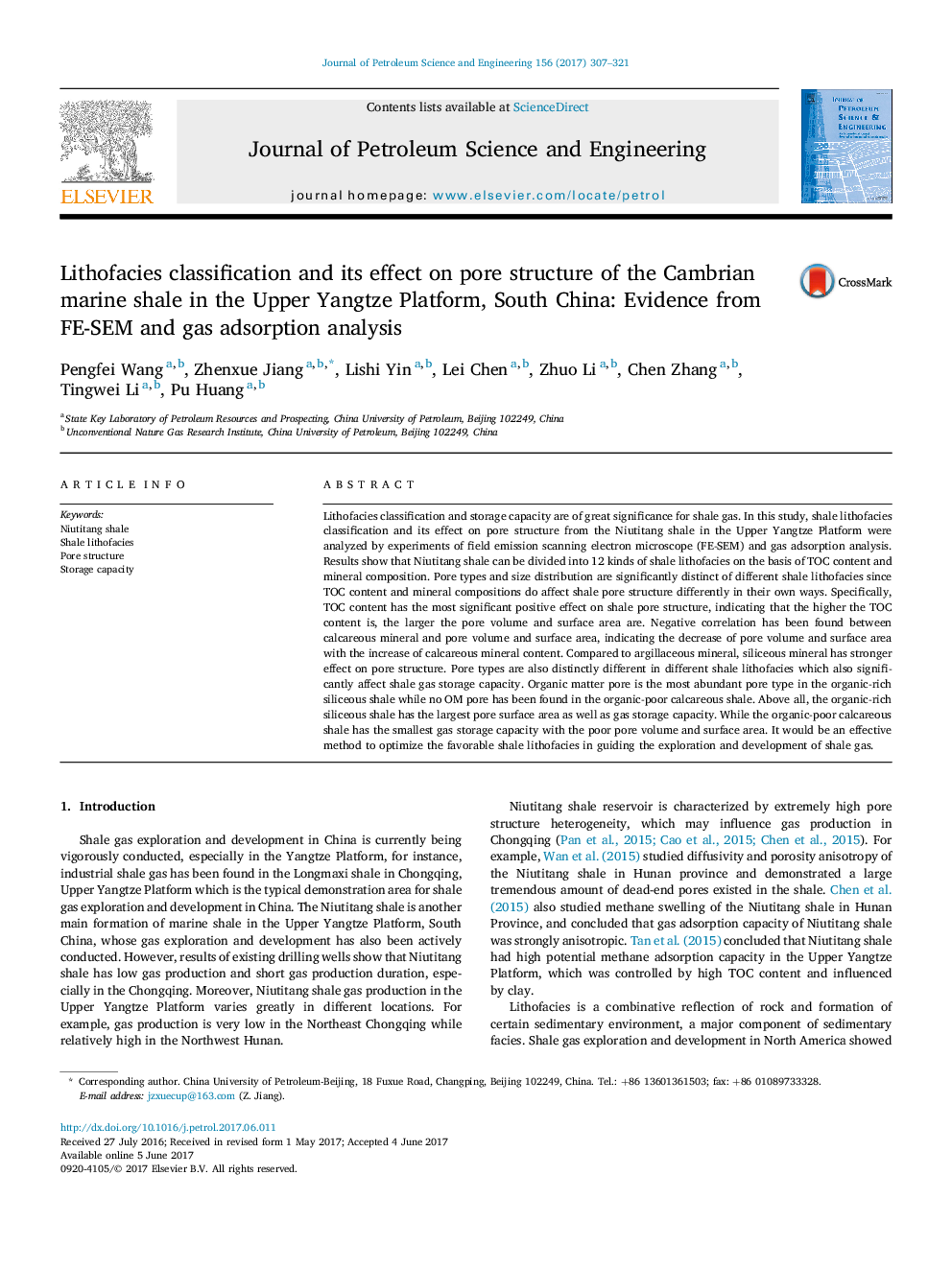 Lithofacies classification and its effect on pore structure of the Cambrian marine shale in the Upper Yangtze Platform, South China: Evidence from FE-SEM and gas adsorption analysis