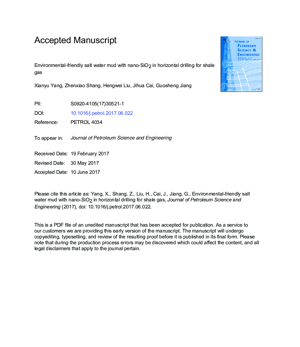 Environmental-friendly salt water mud with nano-SiO2 in horizontal drilling for shale gas