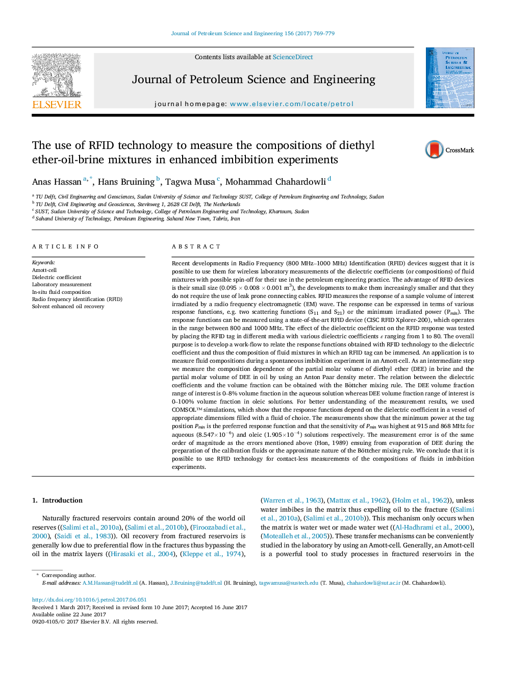 The use of RFID technology to measure the compositions of diethyl ether-oil-brine mixtures in enhanced imbibition experiments