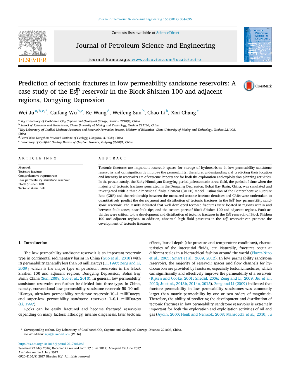 Prediction of tectonic fractures in low permeability sandstone reservoirs: A case study of the Es3m reservoir in the Block Shishen 100 and adjacent regions, Dongying Depression