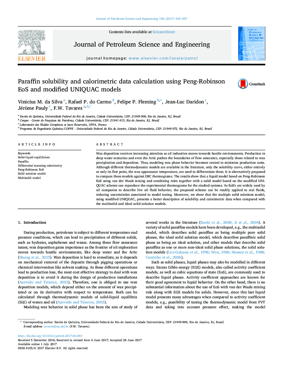 Paraffin solubility and calorimetric data calculation using Peng-Robinson EoS and modified UNIQUAC models