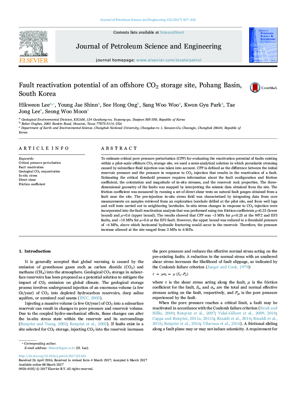 Fault reactivation potential of an offshore CO2 storage site, Pohang Basin, South Korea