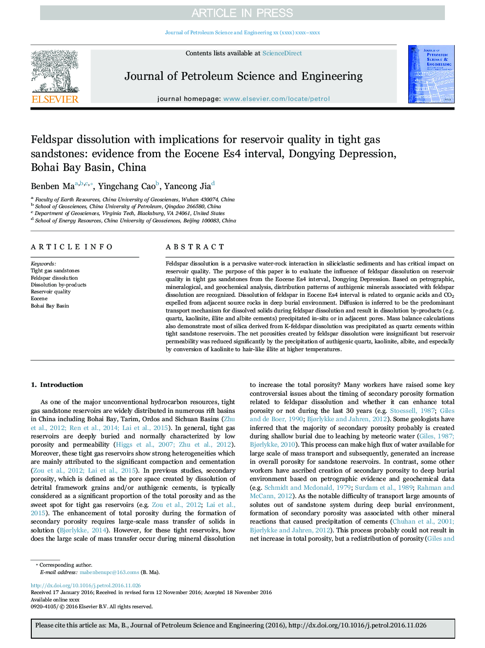 Feldspar dissolution with implications for reservoir quality in tight gas sandstones: evidence from the Eocene Es4 interval, Dongying Depression, Bohai Bay Basin, China