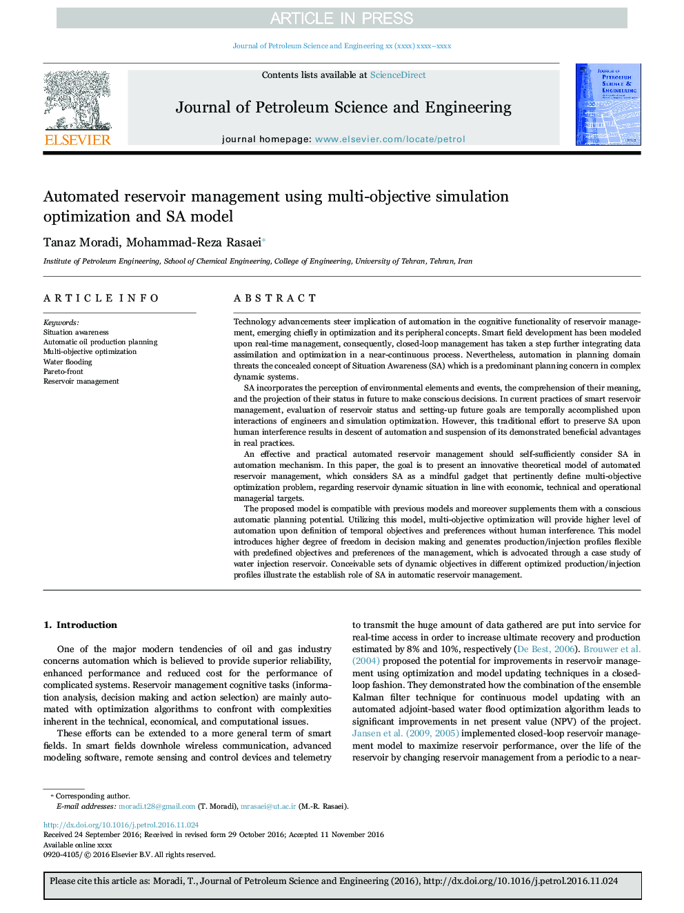 Automated reservoir management using multi-objective simulation optimization and SA model