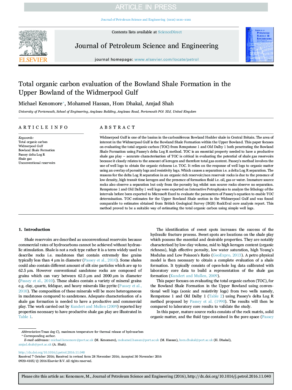 Total organic carbon evaluation of the Bowland Shale Formation in the Upper Bowland of the Widmerpool Gulf