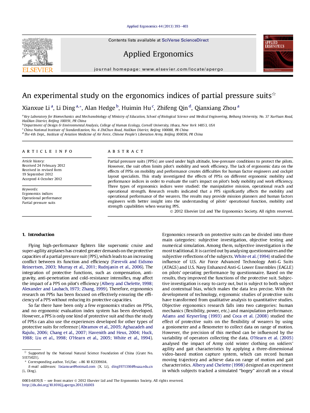 An experimental study on the ergonomics indices of partial pressure suits 