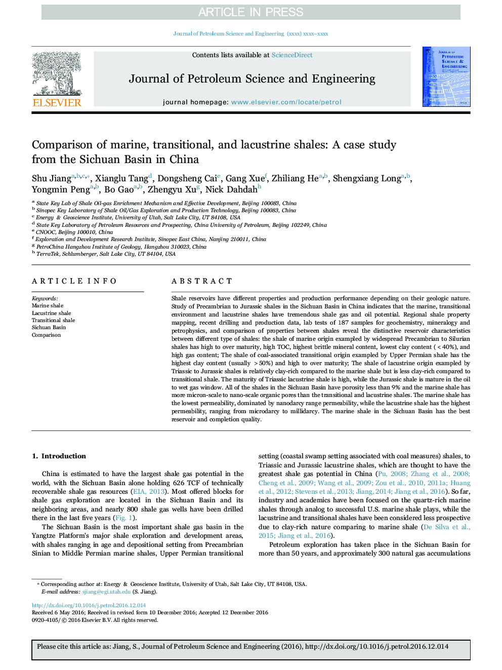 Comparison of marine, transitional, and lacustrine shales: A case study from the Sichuan Basin in China