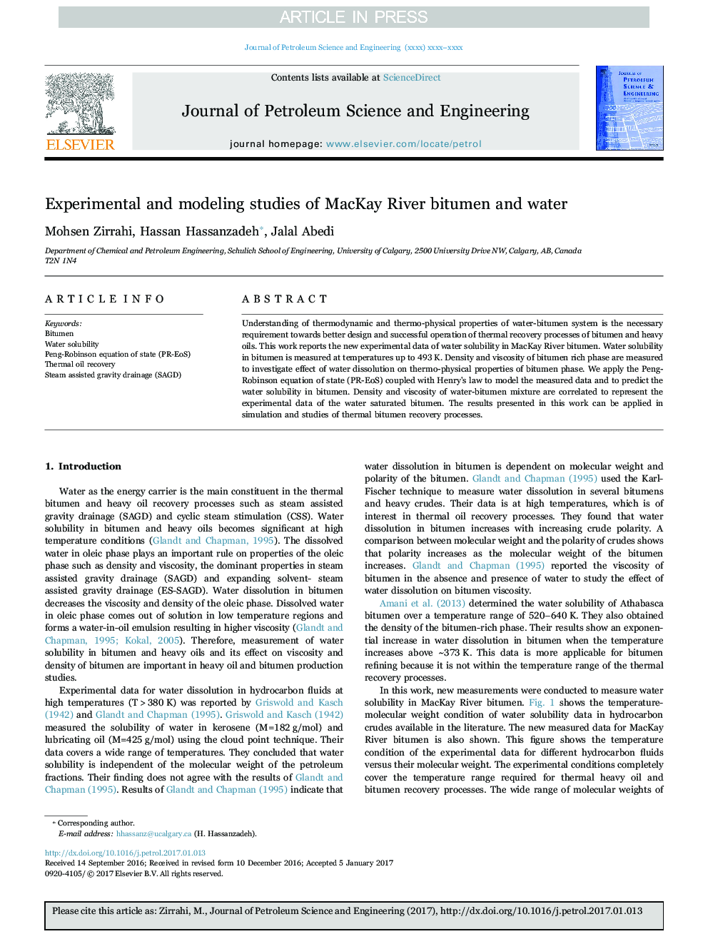 Experimental and modeling studies of MacKay River bitumen and water