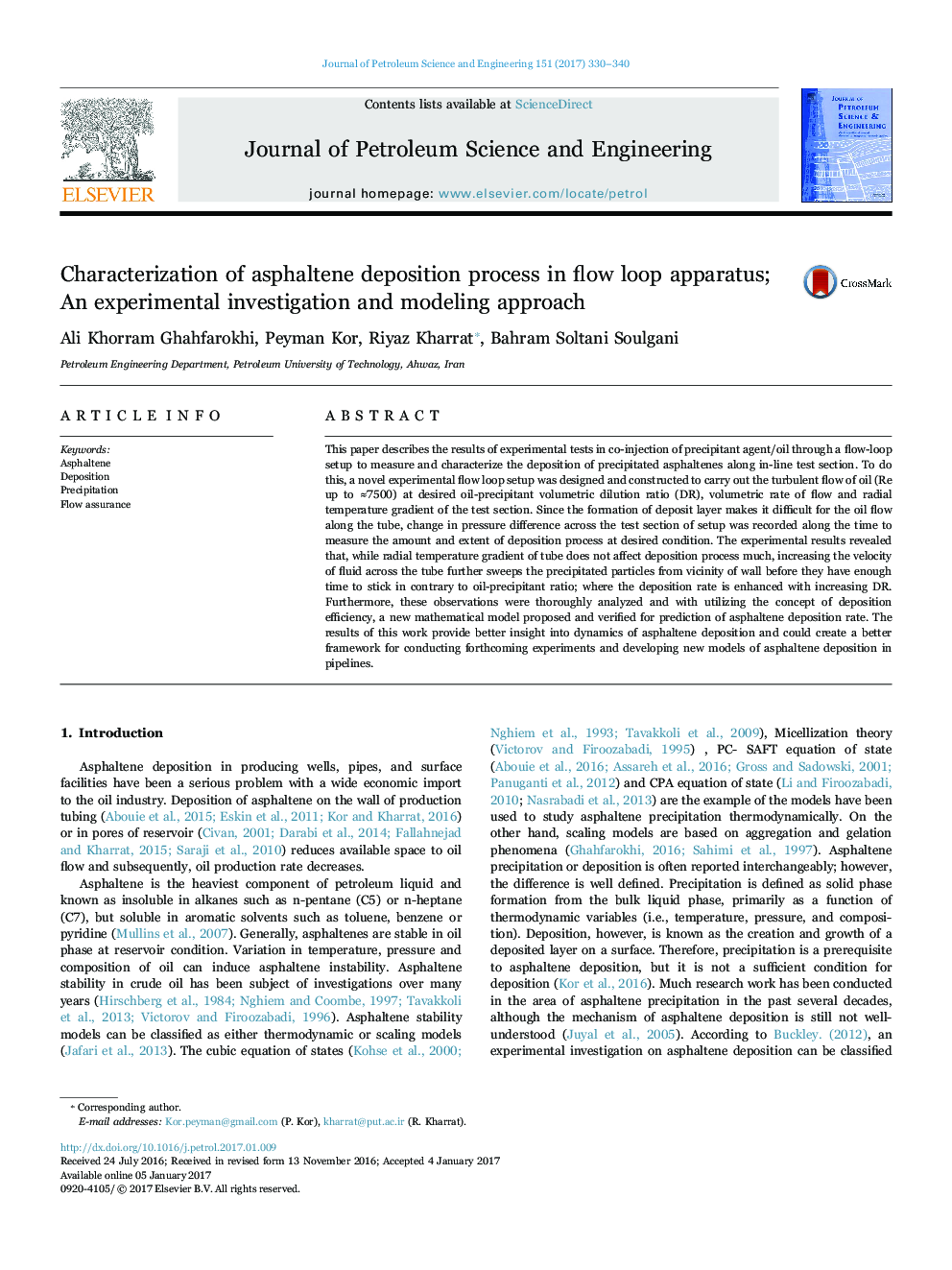 Characterization of asphaltene deposition process in flow loop apparatus; An experimental investigation and modeling approach