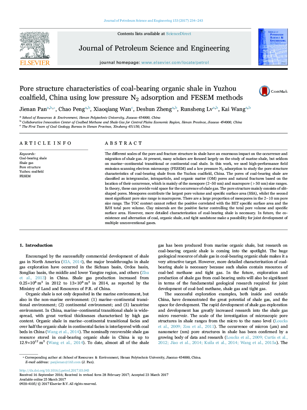 Pore structure characteristics of coal-bearing organic shale in Yuzhou coalfield, China using low pressure N2 adsorption and FESEM methods